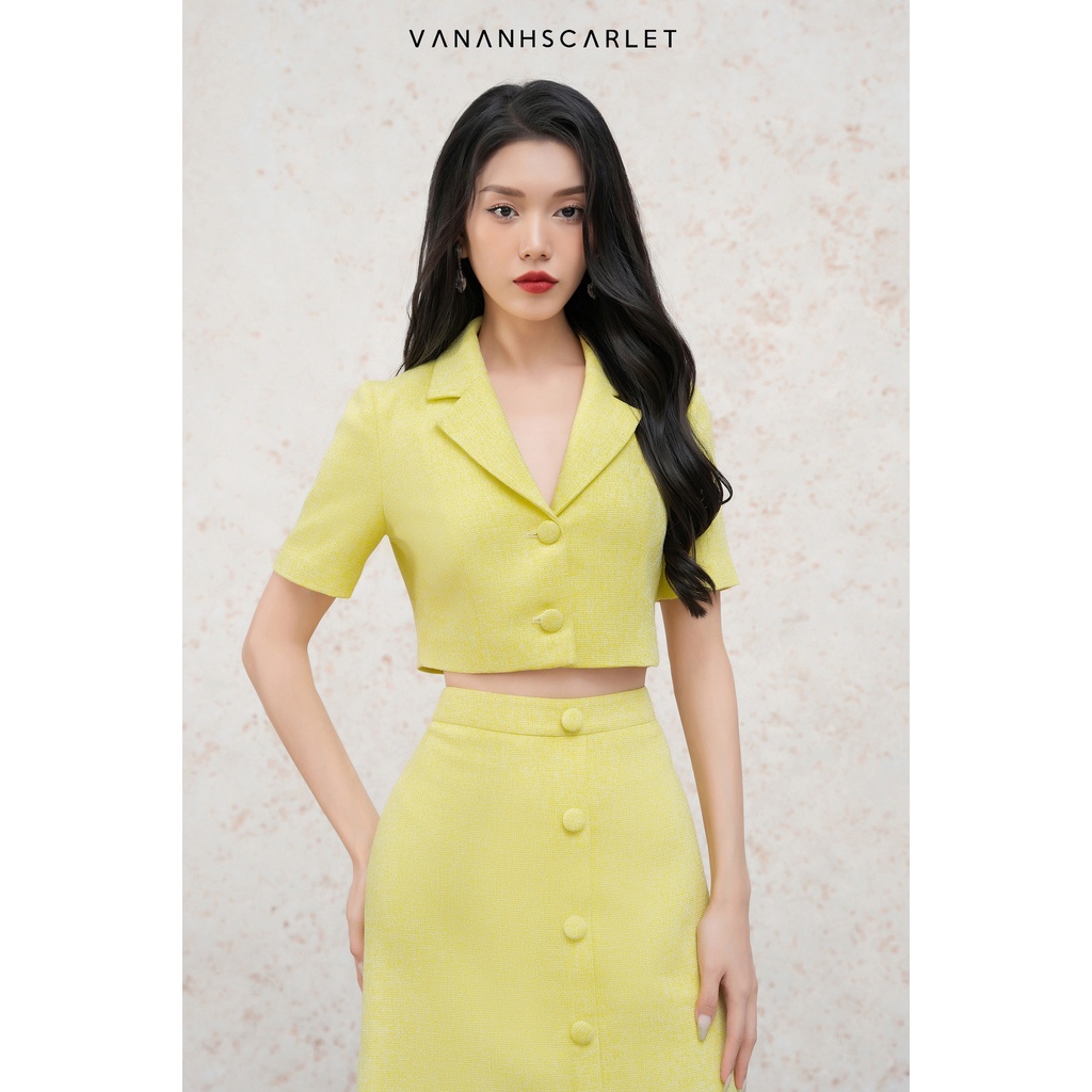 Set tweed nữ VANANHSCARLET ngắn tay chân váy đính cúc S008F22