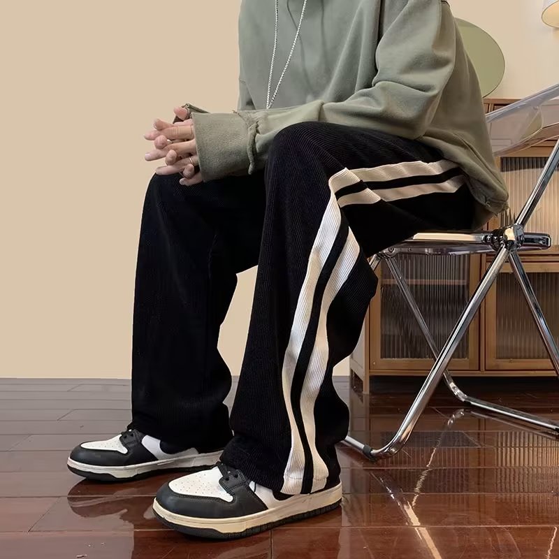 Quần dài ông rộng chất nhung tâm thu đông cao cấp  2 sọc viền from unisex nam nữ. Hình Thật thể thao.