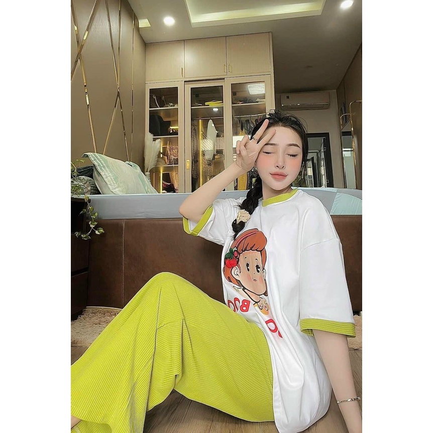 (Sale FreeShip) Sét bộ nữ ống rộng,áo thun tay ngắn from rộng in hình dễ thương kèm quần có túi,chất đẹp chuẩn shop