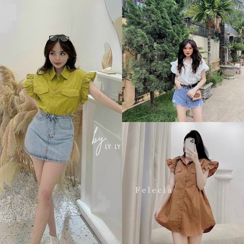 Áo sơ mi cách điệu cánh tiên xếp ly ngực / Áo babydoll cánh tiên 3 màu Cốm Nâu Trắng sz SM 38-54kg
