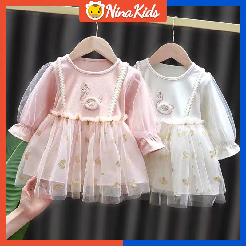 Đầm tay dài phối lưới dễ thương thời trang xuân thu cho bé gái từ 0 - 4 tuổi