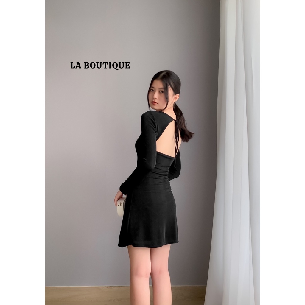 Đầm hở lưng buộc dây La Boutique form chữ A tay dài dáng ngắn dạo phố, dự tiệc thanh lịch sang trọng