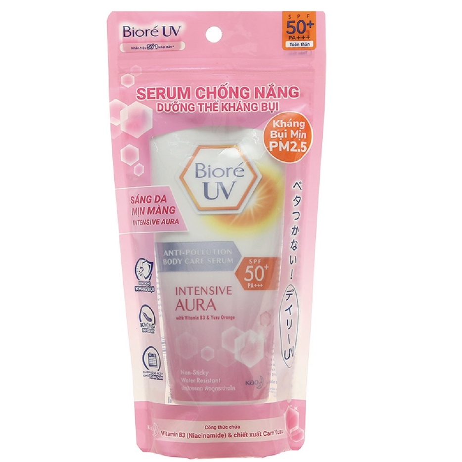 Serum Chống Nắng Dưỡng Thể Biore Da Sáng Mịn Màng 150ml UV Anti-Pollution Body Care Serum Intensive Aura SPF 50+/PA+++