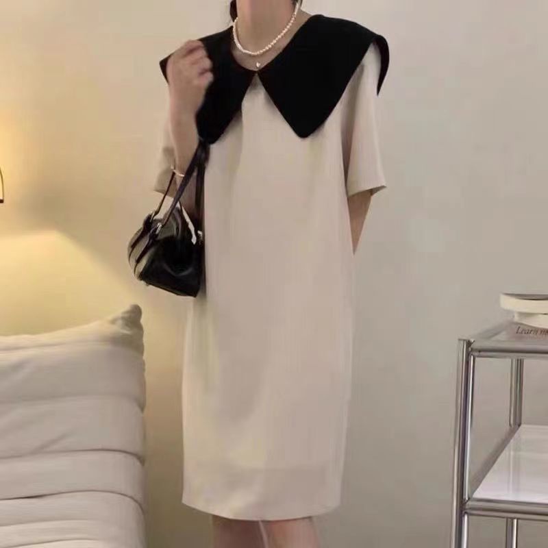 Đầm Đen Cổ Búp Bê Dáng Rộng Phối Màu Tương Phản Thời Trang Mùa Hè Xinh Xắn Cho Nữ