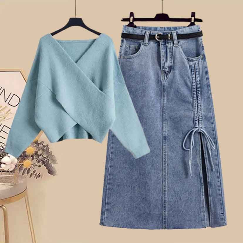 Set Áo Len Dài Tay Cổ Tròn + Chân Váy Jeans Thời Trang Nữ