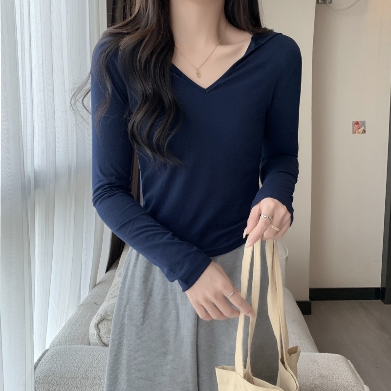 Áo Thun Tay Dài Cổ Chữ V Màu Sắc Đơn Giản Phong Cách Hàn Quốc Cho Nữ