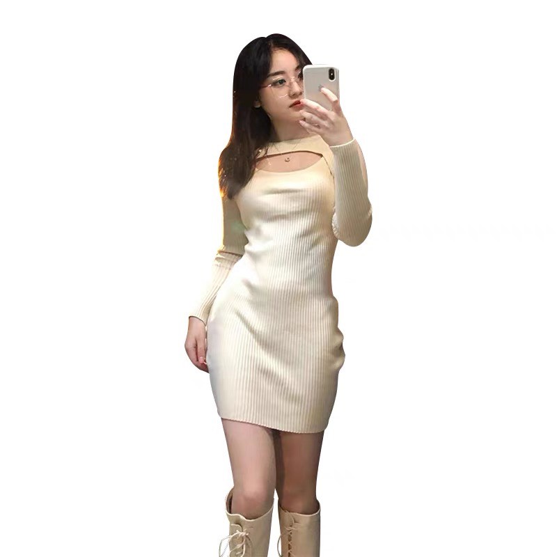 Váy len body dài tay dệt kim khoét ngực xinh xắn cho nữ LUHAZO kiểu Hàn Quốc sexy quyến rũ