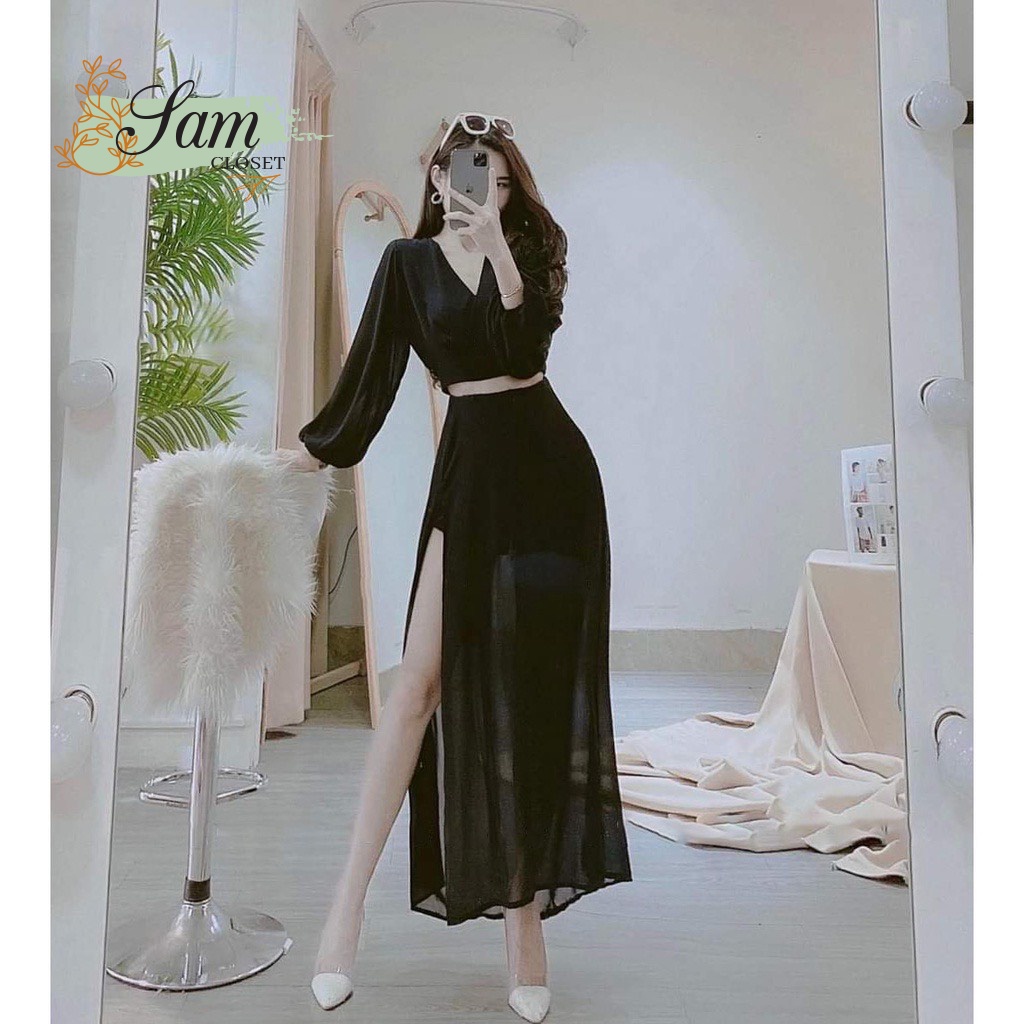 [HCM] Sét Áo Tay Dài Phối Váy Xẻ Tà (Có Lót Trong) Thời Trang Nữ Sam Closet Free Size 40-55kg