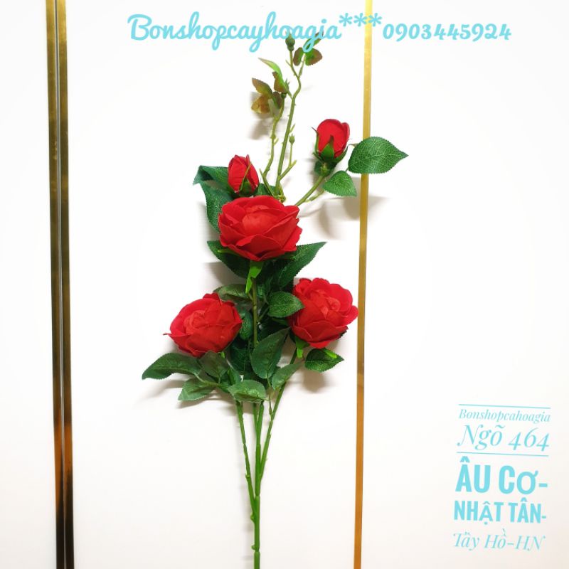 Cành hoa hồng nhung 3 bông,2 nụ nhiều lộc,cao 1m15.