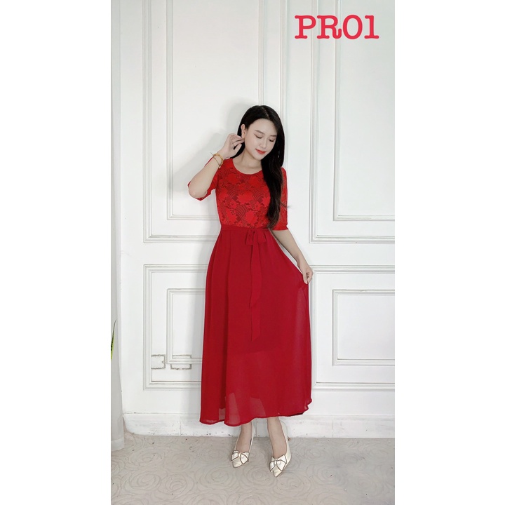 Đầm váy trung niên cho mẹ dáng suông, tay lỡ phối ren, chiết eo thắt nơ thanh lịch, đi tiệc, công sở dự tiệc