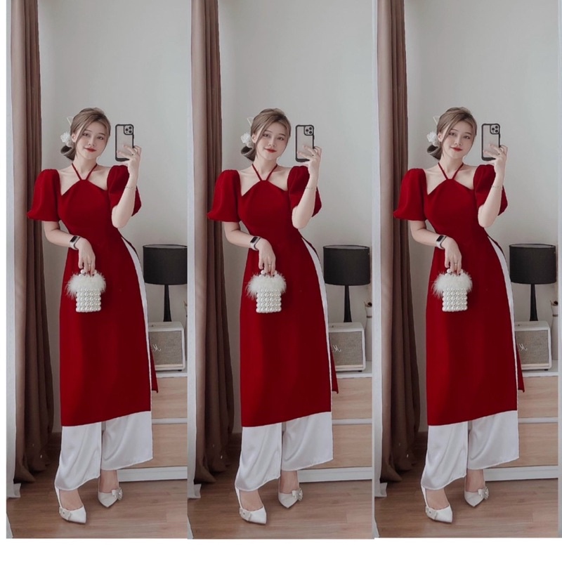 Áo dài đỏ cổ yếm - Chitchitstore