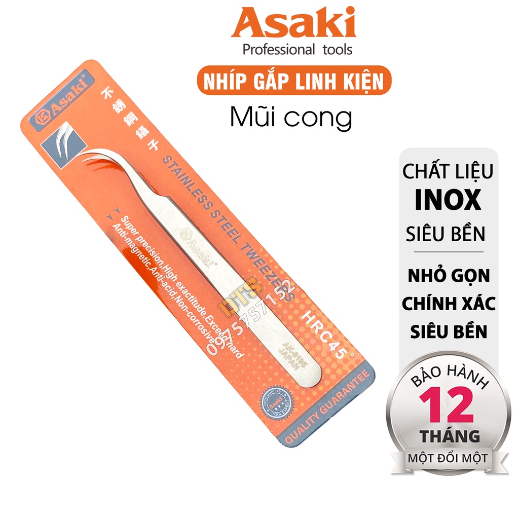 Nhíp gắp linh kiện mũi cong INOX Asaki AK-9195, nhíp đa năng sửa chữa điện tử, điện thoại, máy tính - Độ chính xác cao