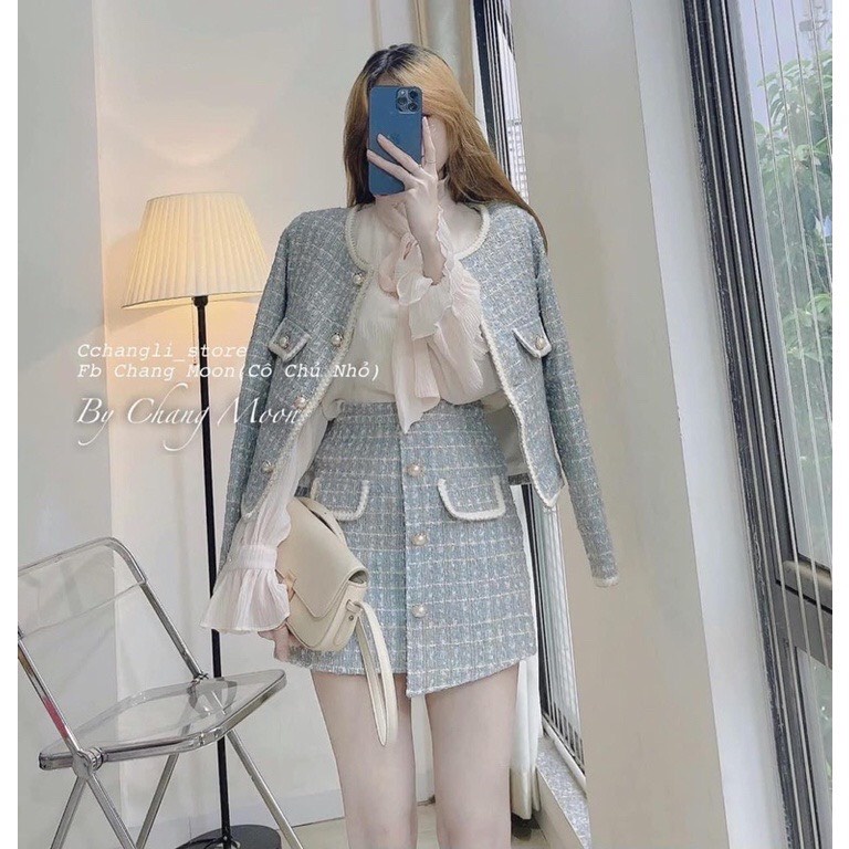Set Dạ Tweed Xanh Viền Trắng Khuy Ngọc Hàng 2 Lớp Siêu dày dặn Mix Chân Váy Xẻ Vạt MATASHOP