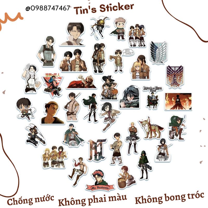 Set combo 50 miếng dán sticker anime Attack on Titan hoạt hình Đại chiến Titan chống thấm dán mũ bảo hiểm laptop vali