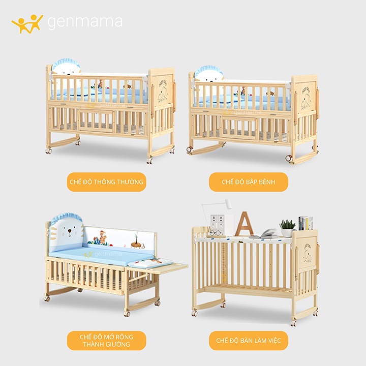 Nôi Cũi Cho Bé Trọn Bộ , Giường nôi cho trẻ em đa năng 6 chế độ GENMAMA Gỗ Thông