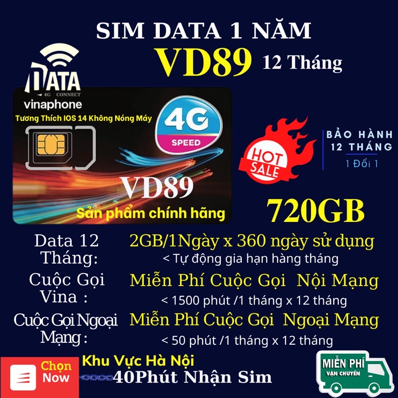 Sim VD89S Data 4GB 1 Ngày Sử Dụng 1440GB 1 Năm , Miễn Phí Cuộc Gọi , Bh 12 Tháng