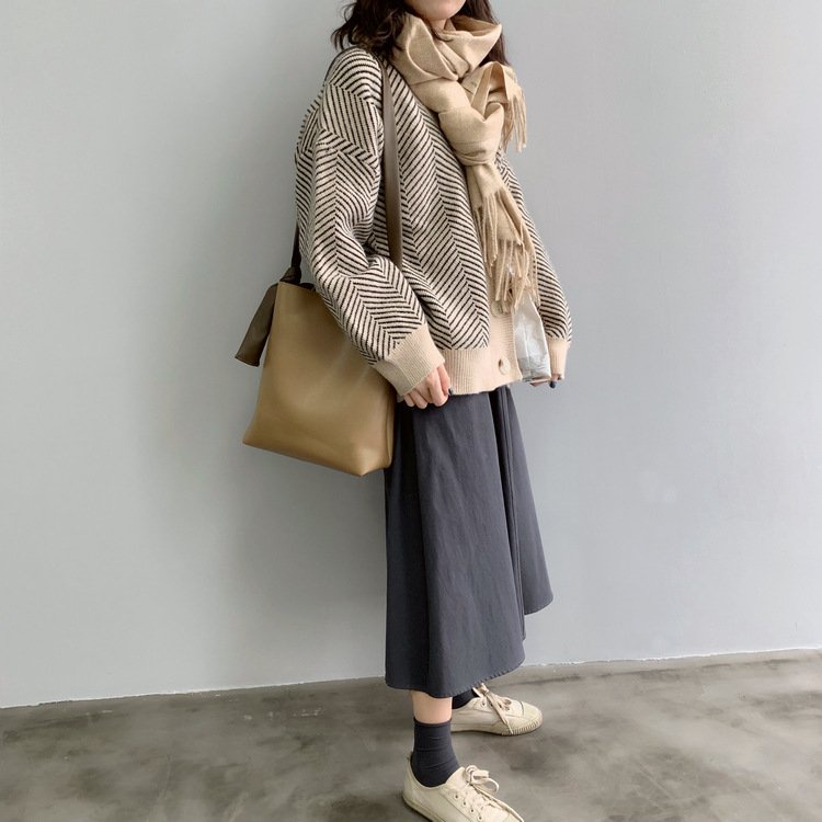 Áo Khoác Cardigan Len Dáng Rộng Họa Tiết Xương Cá - Hàng Quảng Châu