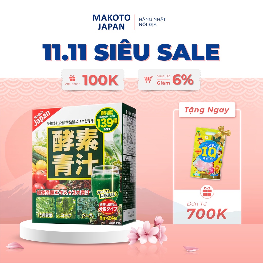 Bột rau củ quả Nhật Bản 139 loại cỏ lúa mạch, rau Kale, Khổ qua bổ sung hơn 20 tỷ lợi khuẩn Hộp 24 gói
