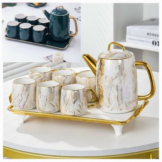 [Mẫu mới] Bộ ấm trà, cafe kèm khay sứ viền vàng 24K cao cấp