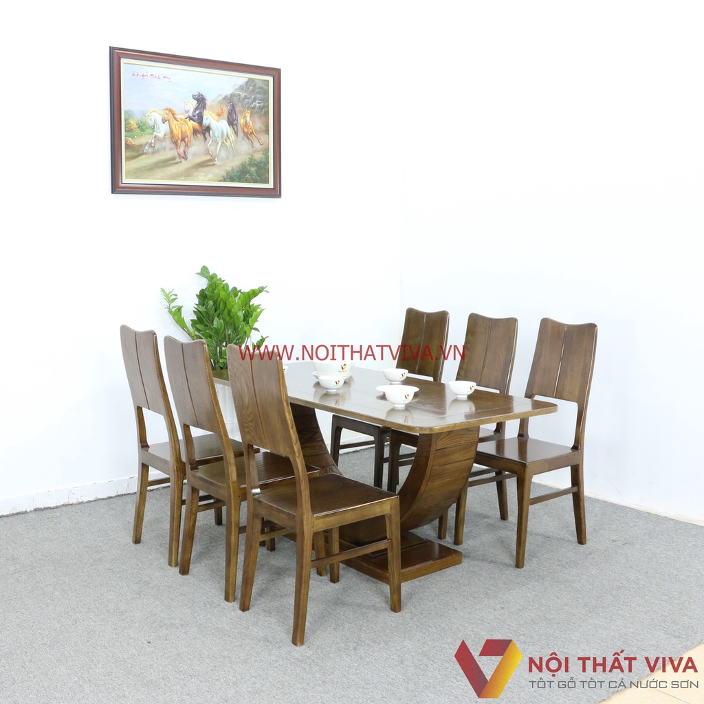 Bộ Bàn Ăn 6 Ghế Gỗ Sồi Nga Chân Bán Nguyệt Màu Óc Chó Đẹp Giá Rẻ