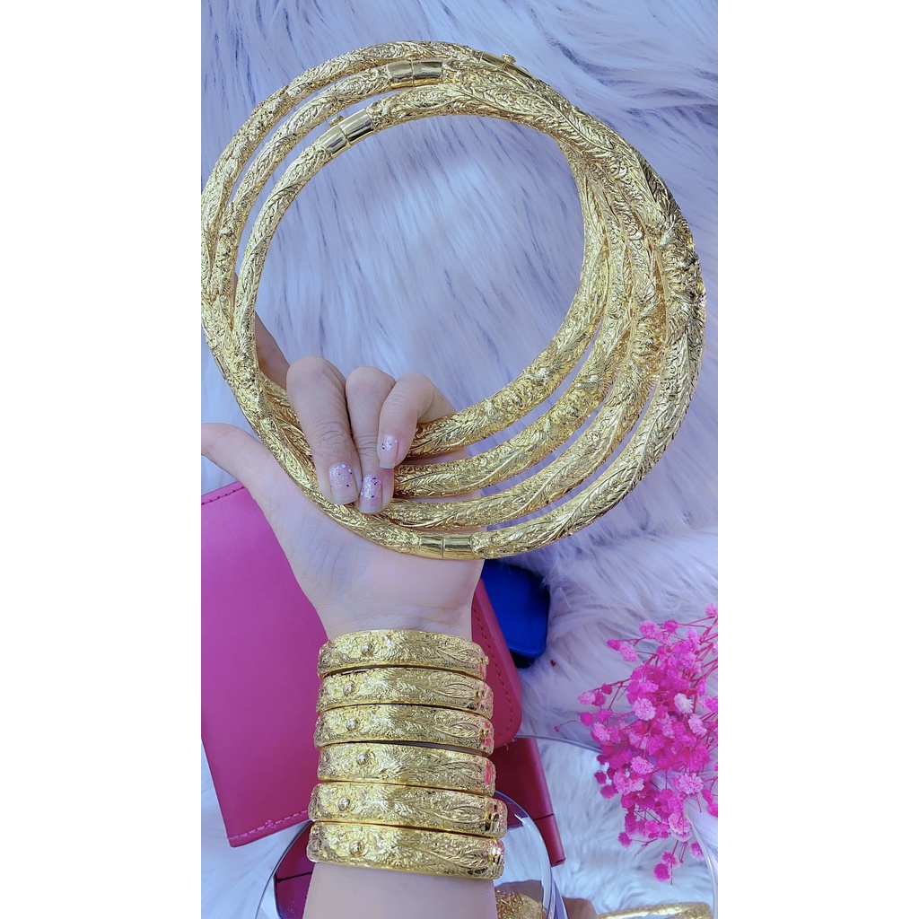 Bộ Trang Sức Cưới Gồm Kiềng Chạm Phụng Nổi Và Vòng Bản To Khắc Rồng Chuẩn Màu 24k