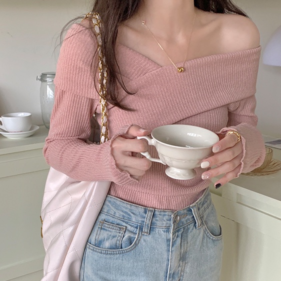 COZOK Áo Dệt Kim Tay Dài Trễ Vai Thời Trang Cho Nữ
