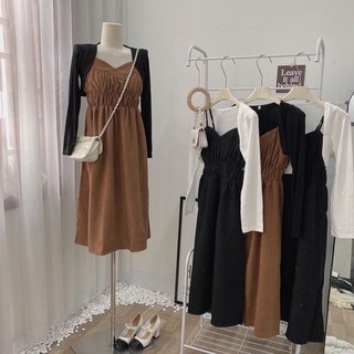 SET ĐẦM DÂY NHUNG + ÁO KHOÁC LEN