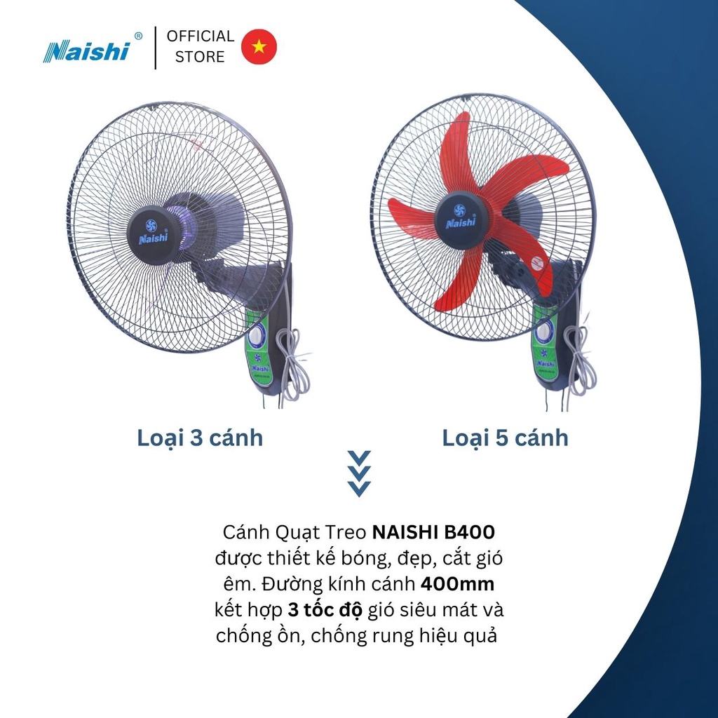 Quạt Treo Tường NAISHI B400 Túp Năng Chuyển Hướng Điện 2 Dây Rút - Công Suất 45W