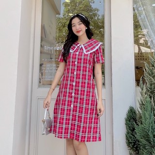 Đầm Công Sở NHẬT VY Caro Cổ Bèo Đính Cúc Chất Kate Dáng Suông Màu Xanh Đen, Đỏ, Nude - D2100
