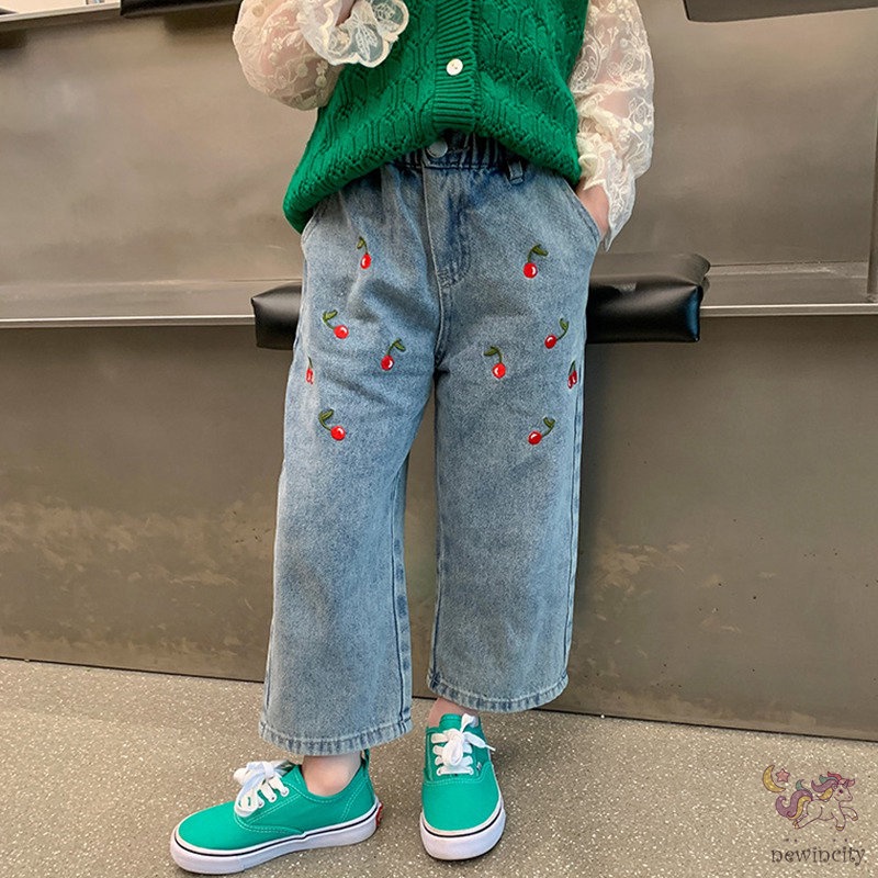 Quần Jean Dài Dáng Suông Rộng Lưng Thun Thêu Hình Cherry Kiểu Hàn Quốc Dễ Thương Cho Bé Gái