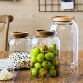 Bình thuỷ tinh nắp gỗ, hũ thủy tinh tròn, hộp, lọ thủy tinh tròn nắp gỗ đựng thực phẩm, đồ khô, ngũ cốc