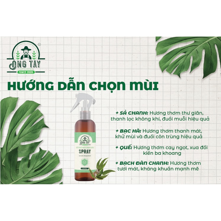 Xịt khử mùi kháng khuẩn tinh dầu Sả Chanh, Bạc Hà, Quế, Bạch Đàn Chanh ÔNG TÂY dung tích 250ml/1L