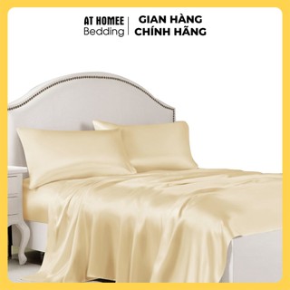 (Hàng LOẠI 1 - Không Nối Vải) Bộ 5 Món Chăn Ga Gối Phi Lụa 5 Món Cao Cấp AT HOME  - Màu Vàng Chanh