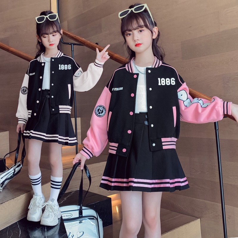 Bộ Đồng Phục Bóng Chày Cổ Đứng Cài Nút Phối Chân Váy Xếp Ly Phối Màu Tương Phản Thời Trang Xuân Thu Cho Bé Gái 110-160cm
