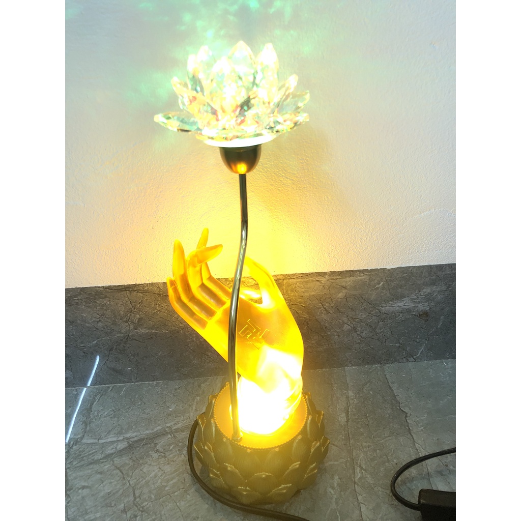 1 đôi đèn thờ lưu ly - đèn điện bàn tay hoa sen đổi màu