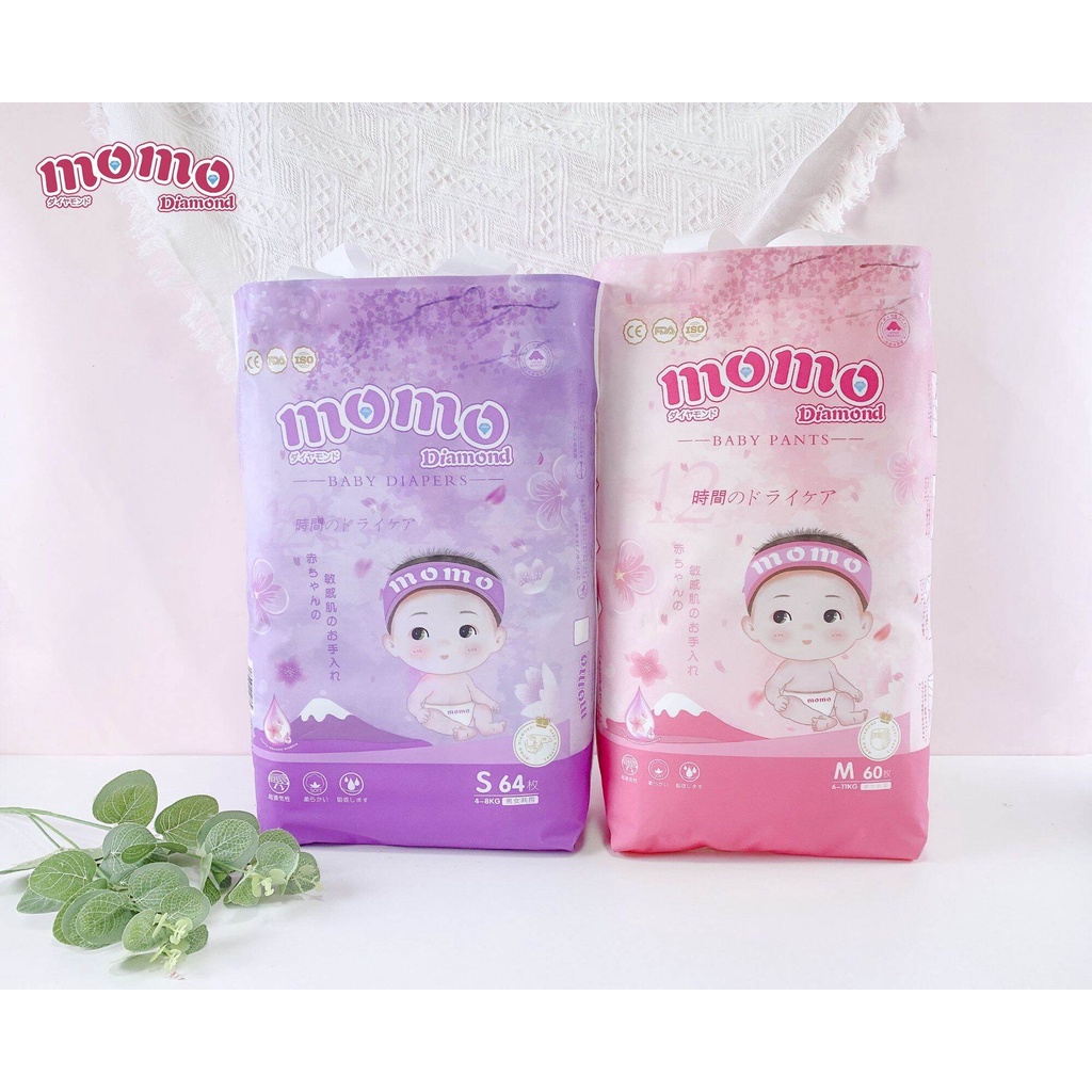 Tã bỉm dán/quần MOMOTARO, MOMO DIAMOND chính hãng S112/M96/M92/L84/XL78/XXL72/XXXL70
