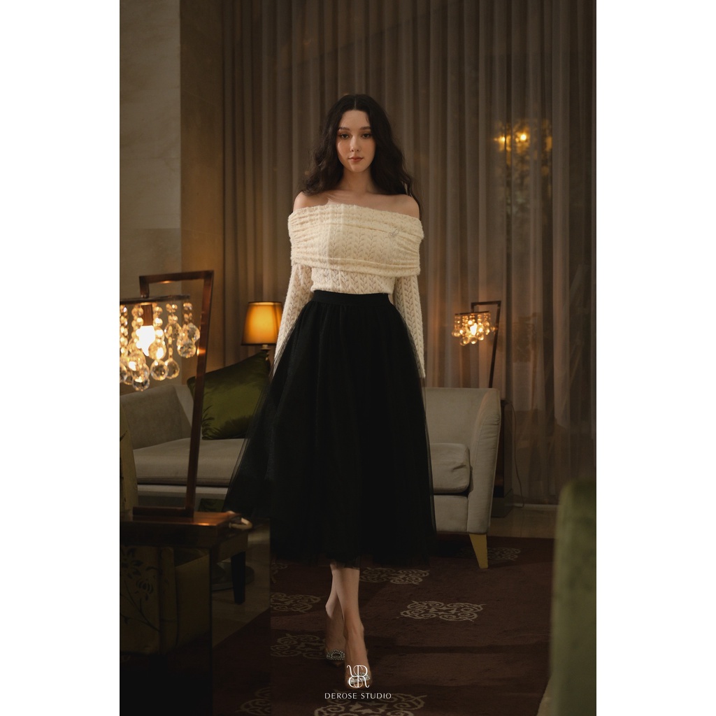 CHERRIE TOP - Áo hở vai trắng be tay dài ôm dáng