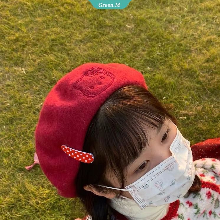SANRIO Mũ Beret Dệt Kim Phối Lông Hình Hello Kitty Đáng Yêu Thời Trang Thu Đông Cho Nữ