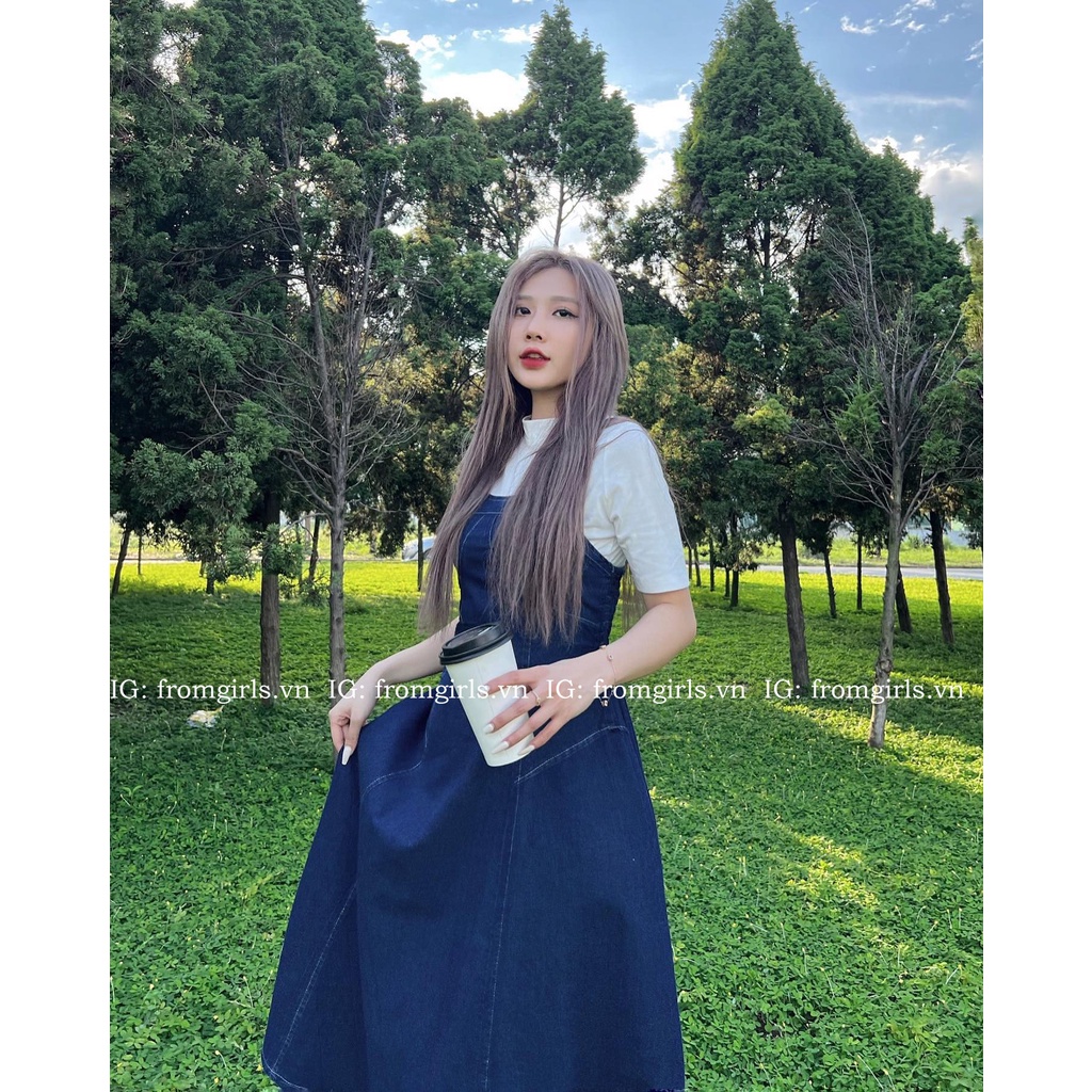 Váy yếm denim dáng dài xòe, yếm bò chun nhún lưng co giãn - V99