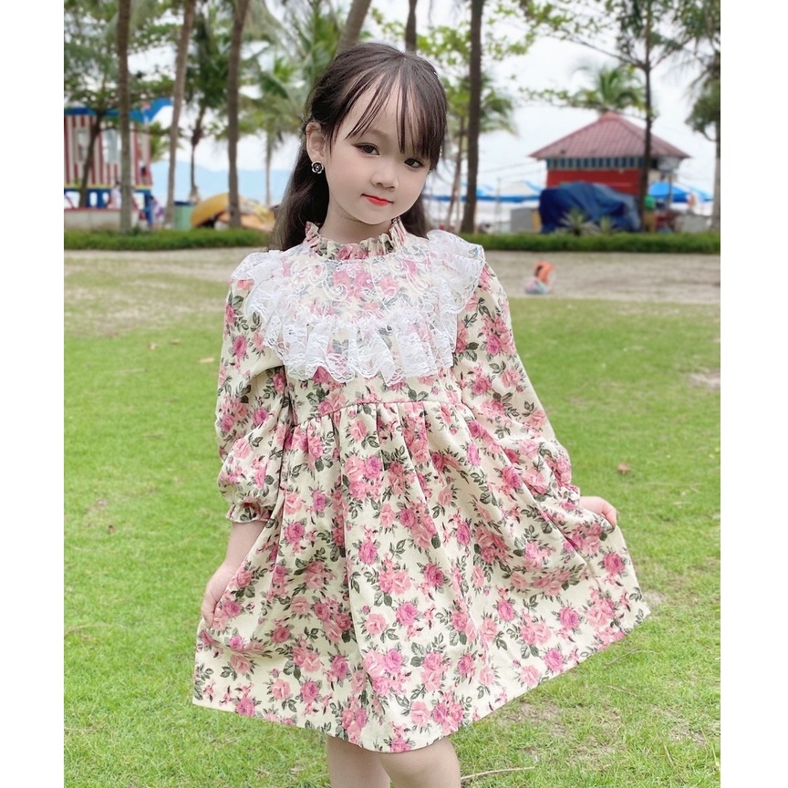 Váy thu đông cho bé gái 8-32kg chất nhung tăm cao cấp nền hoa hồng phối cổ ren