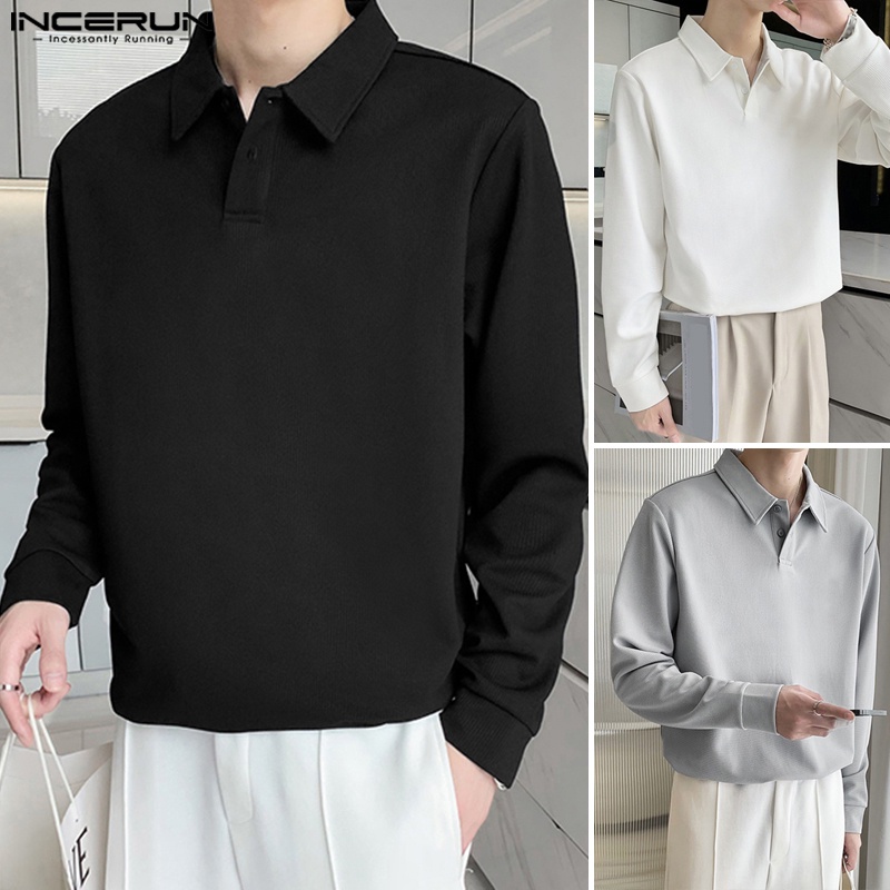Áo thun polo INCERUN dáng rộng dài tay có cổ thời trang cho nam