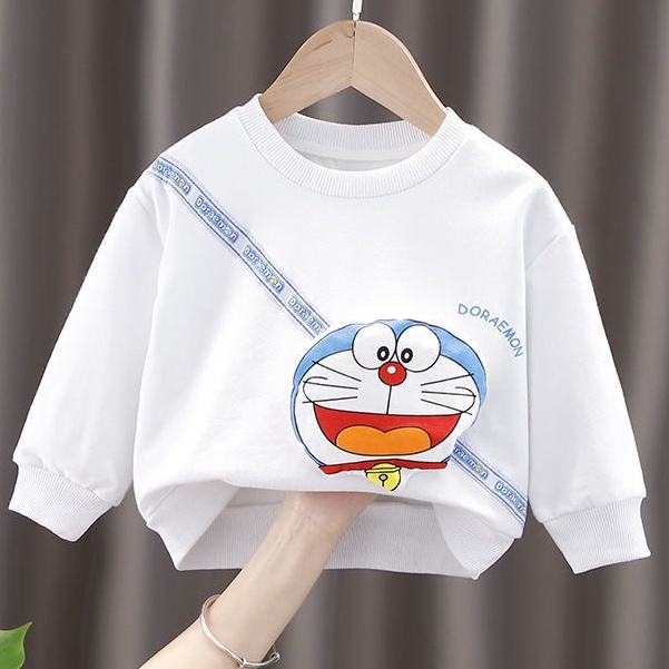Áo thun cotton dài tay trắng in hình Doraemon cho bé trai & bé gái (N01236)