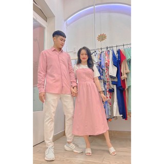 Đồ đôi nam nữ Hàn Quốc Set váy nữ sơ mi nam cặp thời trang thu đông đẹp màu hồng AV178