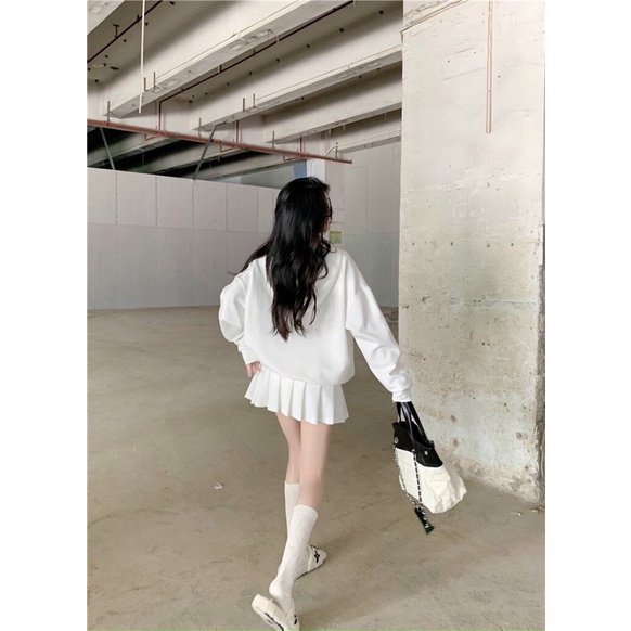 Set áo hoodie trơn + chân váy tennis trắng