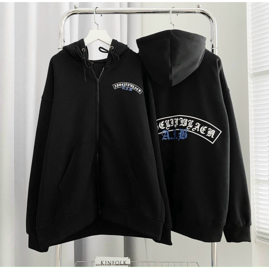 Áo Khoác hoodie Thun Nỉ Chữ Màu Đen Có Nón Mũ 2 Lớp , Khóa Kéo Zip - Nam Nữ Mặc