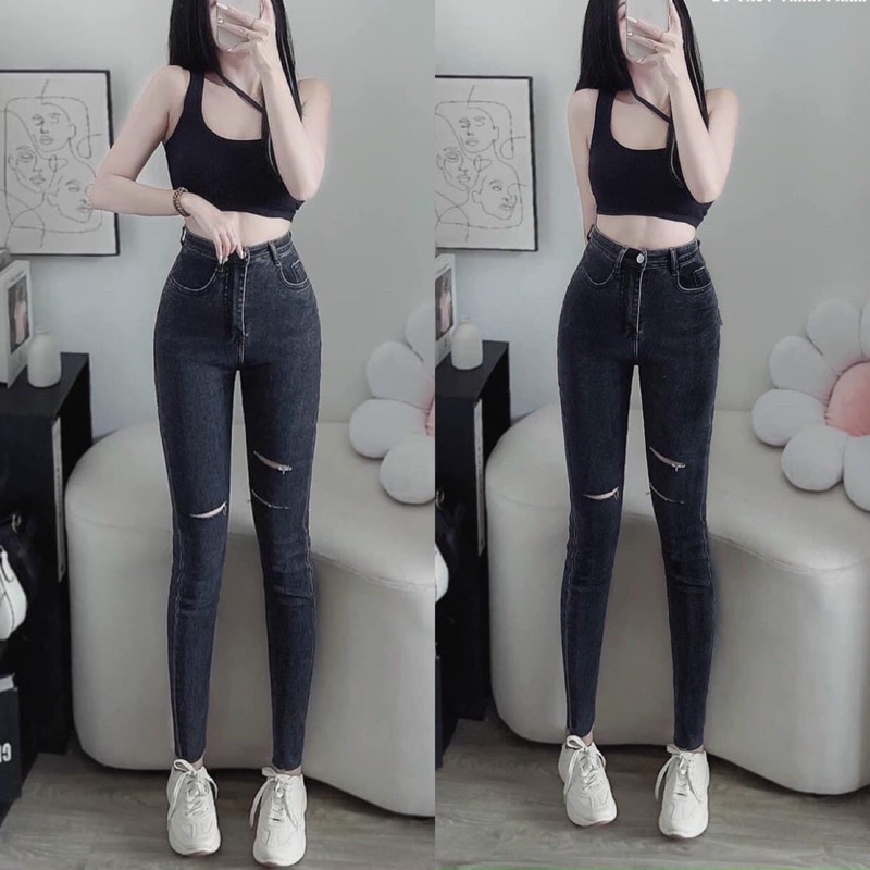 Quần Dài Jeans BigSize Màu Xám/Màu Đen Muối Tiêu Rách 2-1, Lai Tua Lưng Siêu Cao Form Ôm Co Giãn Mạnh