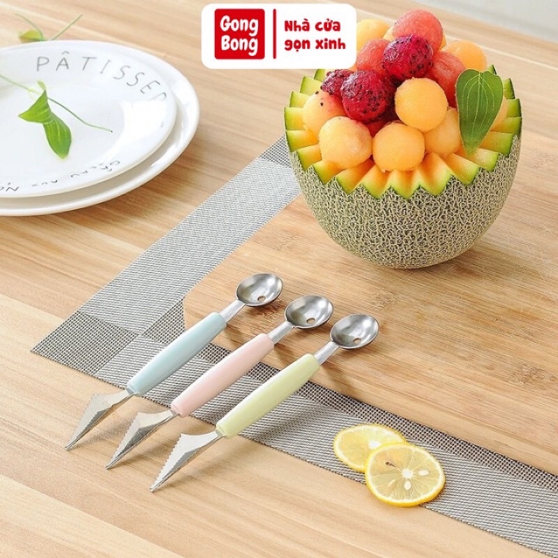 Dao tỉa hoa quả chuyên nghiệp, dụng cụ khắc tỉa 2 đầu inox nạo tạo hình trái cây củ quả thâm mĩ có lỗ tạo viên tròn
