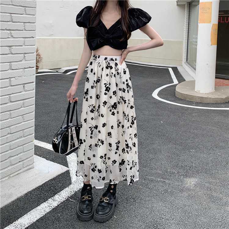 Chân Váy Dài Lưng Cao Xếp Ly Họa Tiết Hoa Thời Trang Cho Nữ