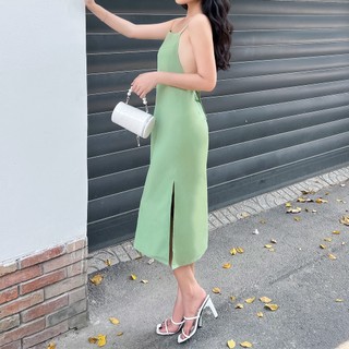 MAYBI Đầm midi suông lụa 2 dây khoét lưng