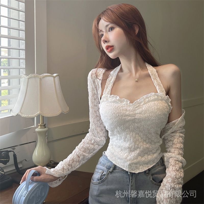 Áo Thun Tay Dài Cổ Yếm Không Đều Phối Ren Thời Trang Cho Nữ